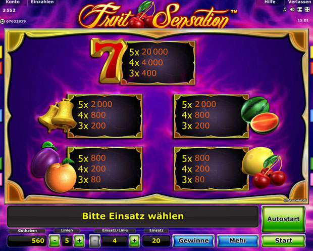 Fruit Sensation Paytable